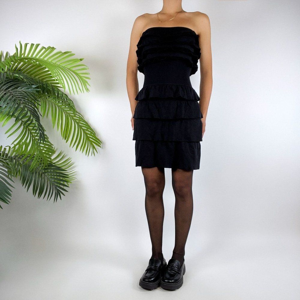 Vintage Y2K Black Indie Fairy Grunge Gothic Ruffled Bandeau Mini Dress / OS